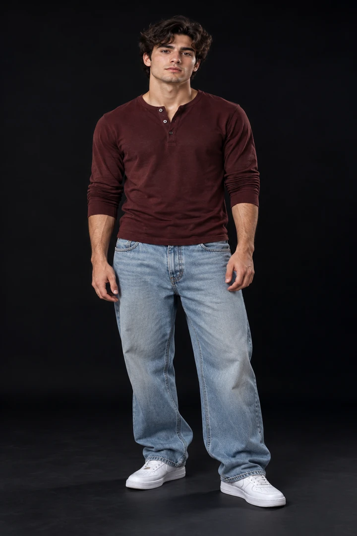 Original full-body photo of a man in a burgundy top and jeans